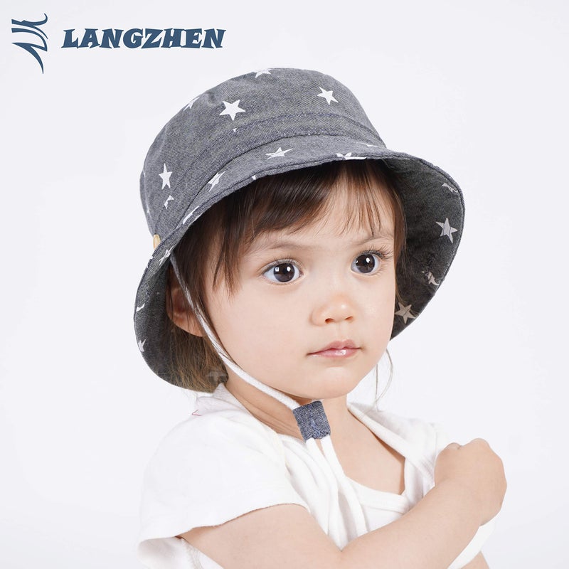 LANGZHEN Sun Protection Hat for Kids Toddler Boys Girls Wide Brim Summer Outdoor hat Cotton Baby Bucket Hat with Chin Strap (Dark Blue - Stars, XS: 3M-6M (46cm /18.1")) - Image 2
